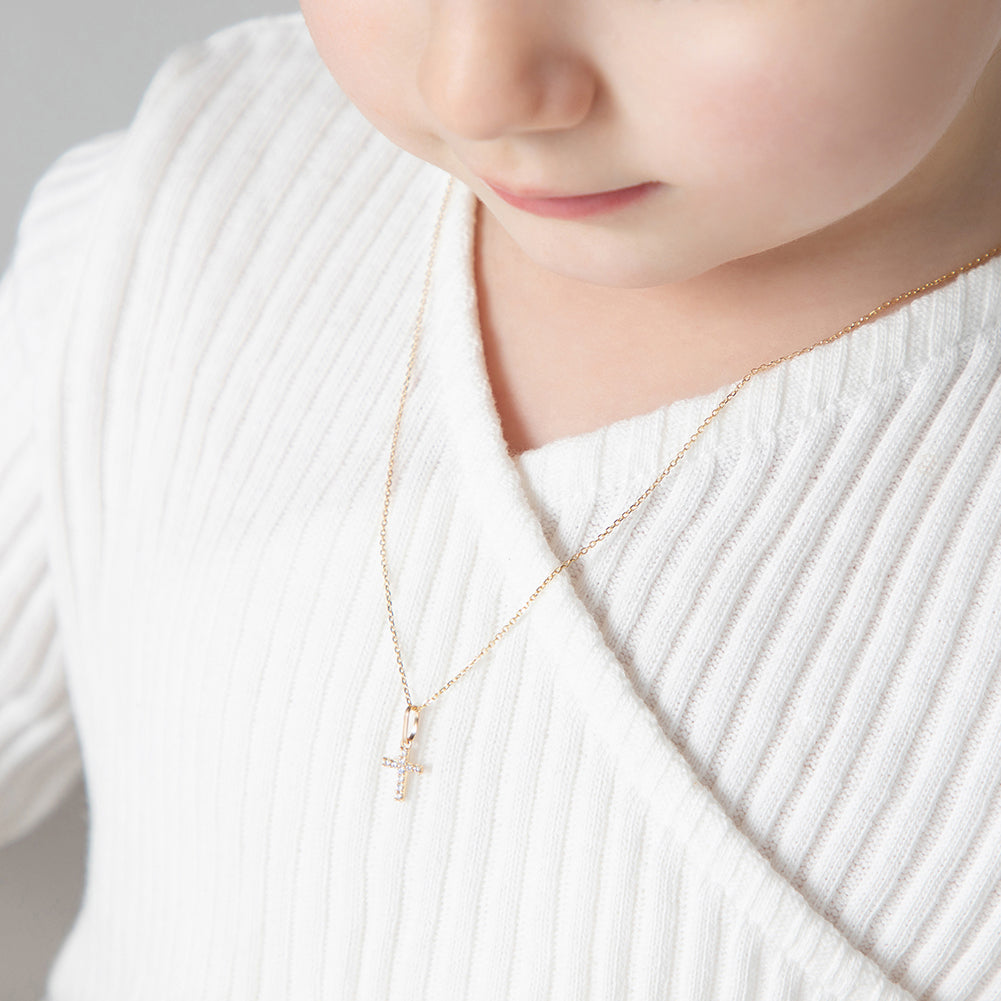14k Gold Clear CZ Cross Baby Toddler Kids Pendant/Necklace