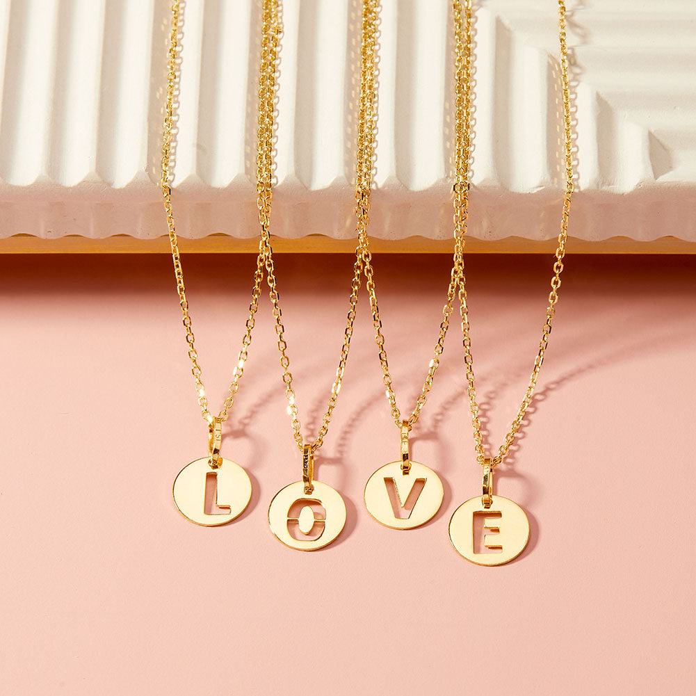 14k Gold Round Initial Cut Out Letter Kids Teen Pendant/Necklace