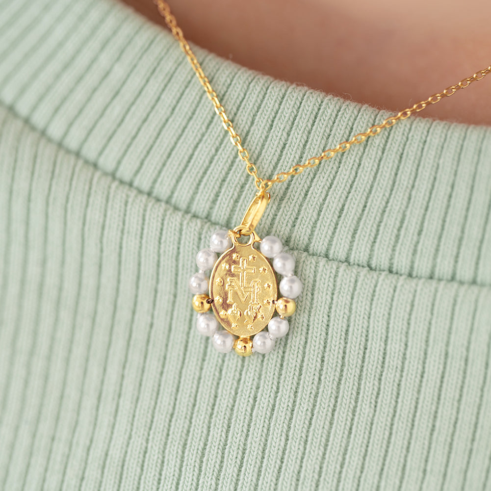 14k Gold Miraculous Virgin Mary Shell Pearl Kids / Children's / Girls Pendant/Necklace