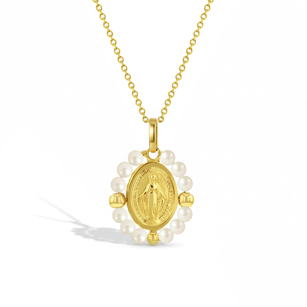 14k Gold Miraculous Virgin Mary Shell Pearl Kids / Children's / Girls Pendant