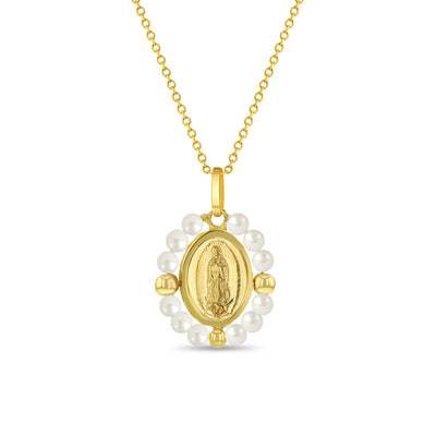 14k Gold Our Lady of Guadalupe Freshwater Cultured Pearl Kids / Children's / Girls Pendant/Necklace