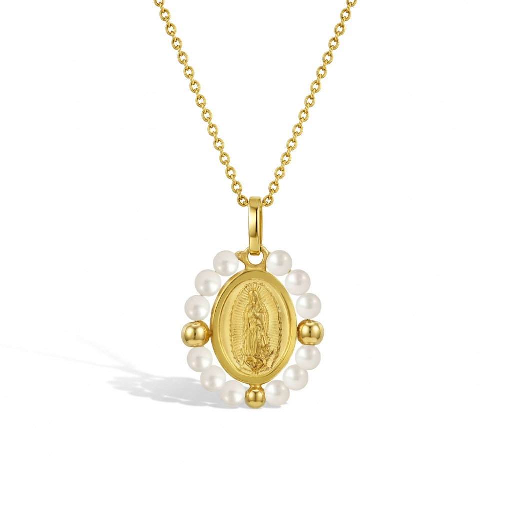 14k Gold Our Lady of Guadalupe Shell Pearl Kids / Children's / Girls Pendant