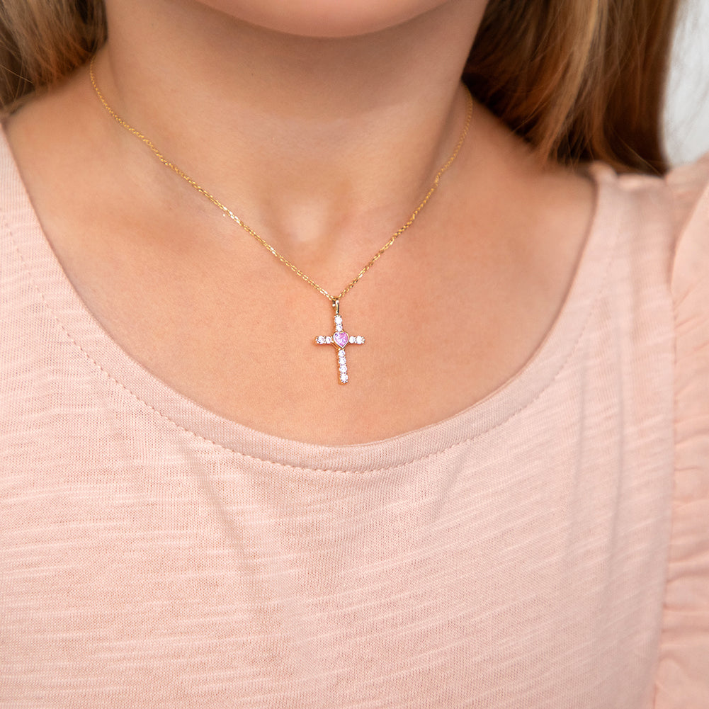 14k Gold Pink Heart Cross Baby / Toddler / Kids Pendant/Necklace
