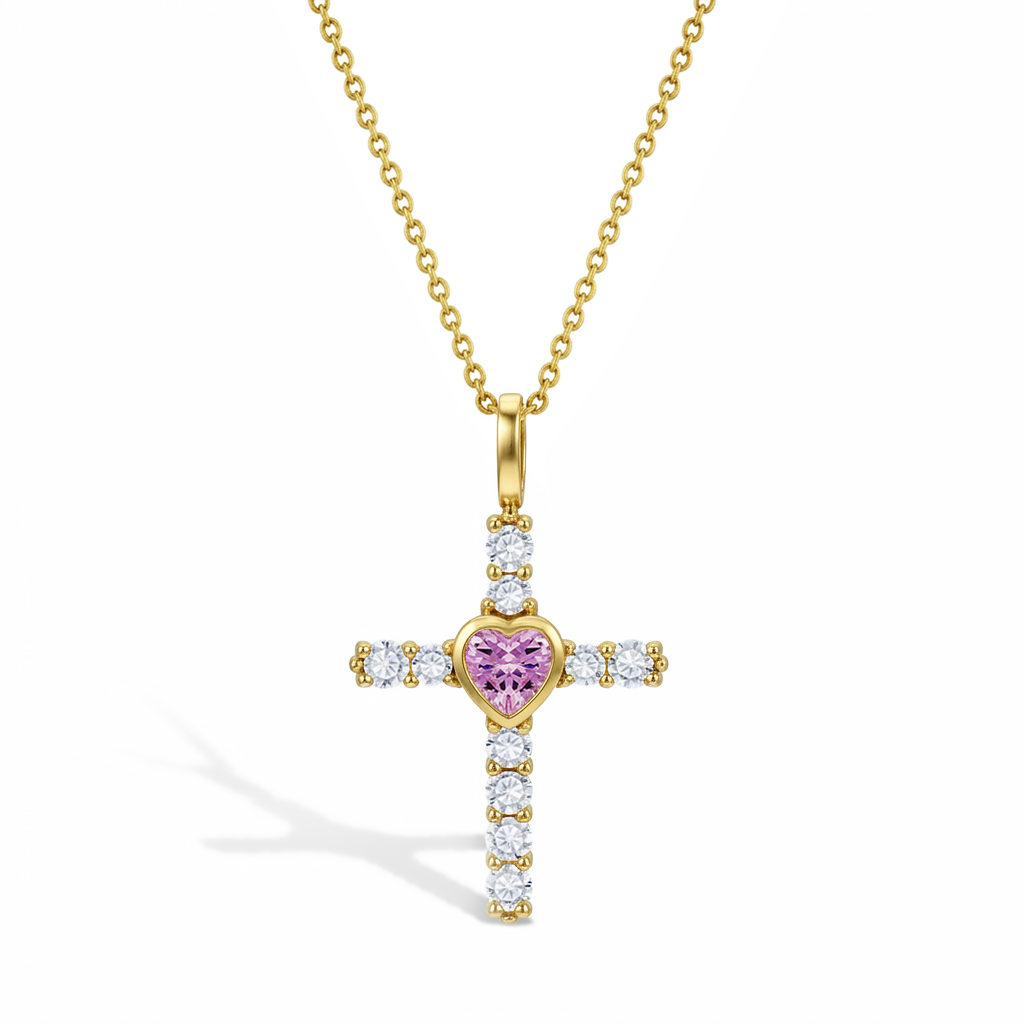 14k Gold Pink Heart Cross Baby / Toddler / Kids Pendant