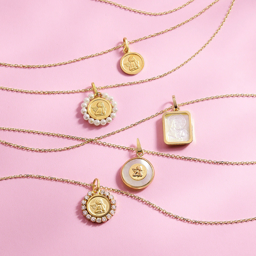14k Gold Guardian Angel Medal Shell Pearl Baby / Toddler / Kids Pendant/Necklace