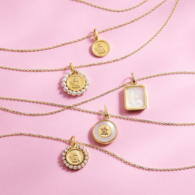 14k Gold Guardian Angel Medal Shell Pearl Baby / Toddler / Kids Pendant/Necklace