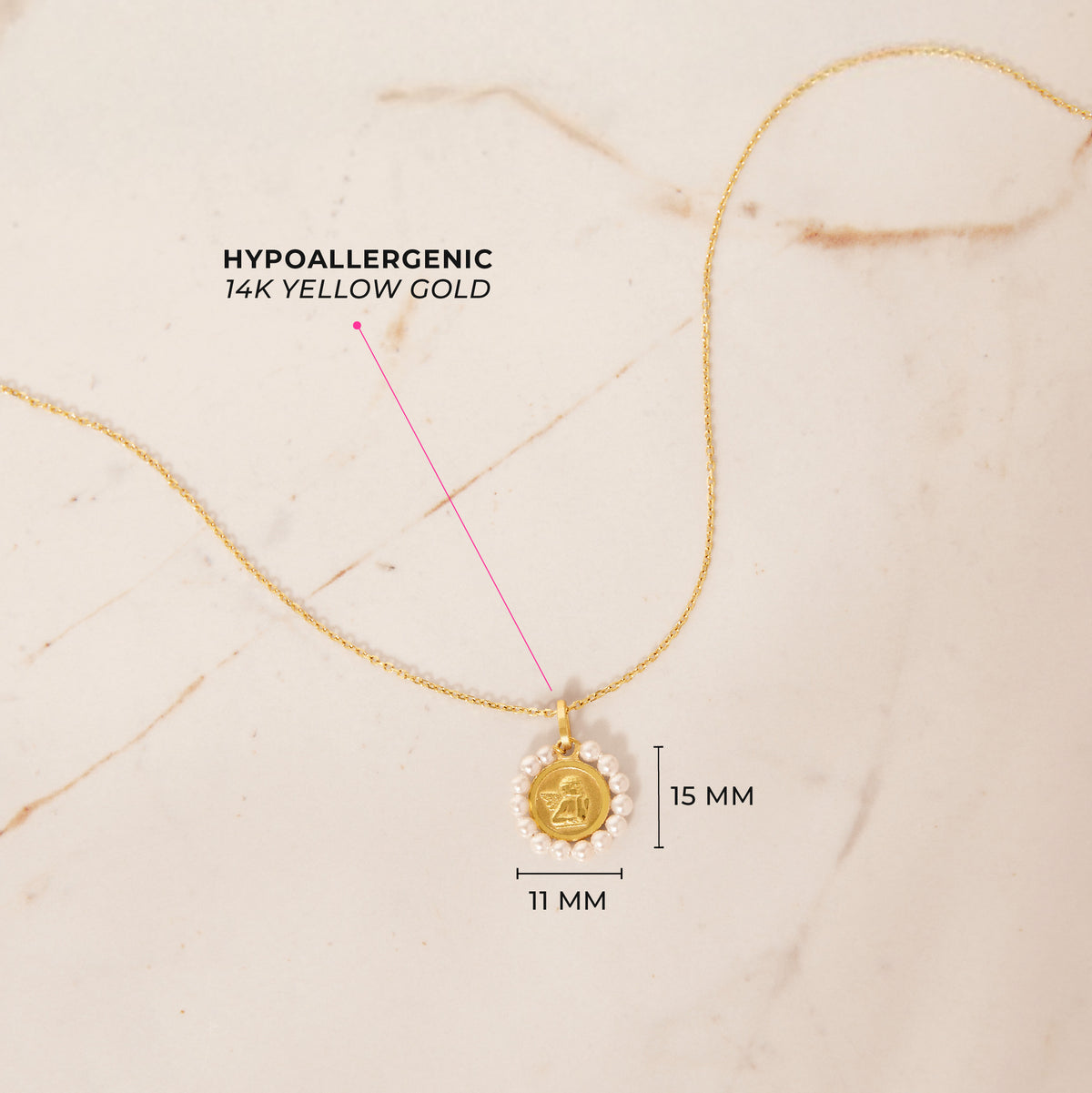 14k Gold Guardian Angel Medal Shell Pearl Baby / Toddler / Kids Pendant/Necklace