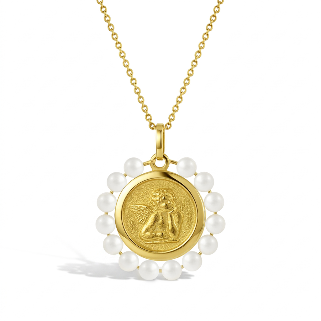14k Gold Guardian Angel Medal Shell Pearl Baby / Toddler / Kids Pendant