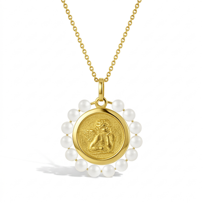 14k Gold Guardian Angel Medal Shell Pearl Baby / Toddler / Kids Pendant