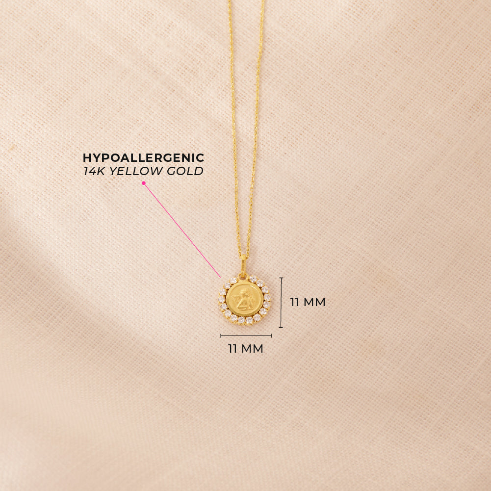 14k Gold Guardian Angel Medal Clear CZ Baby / Toddler / Kids Pendant/Necklace