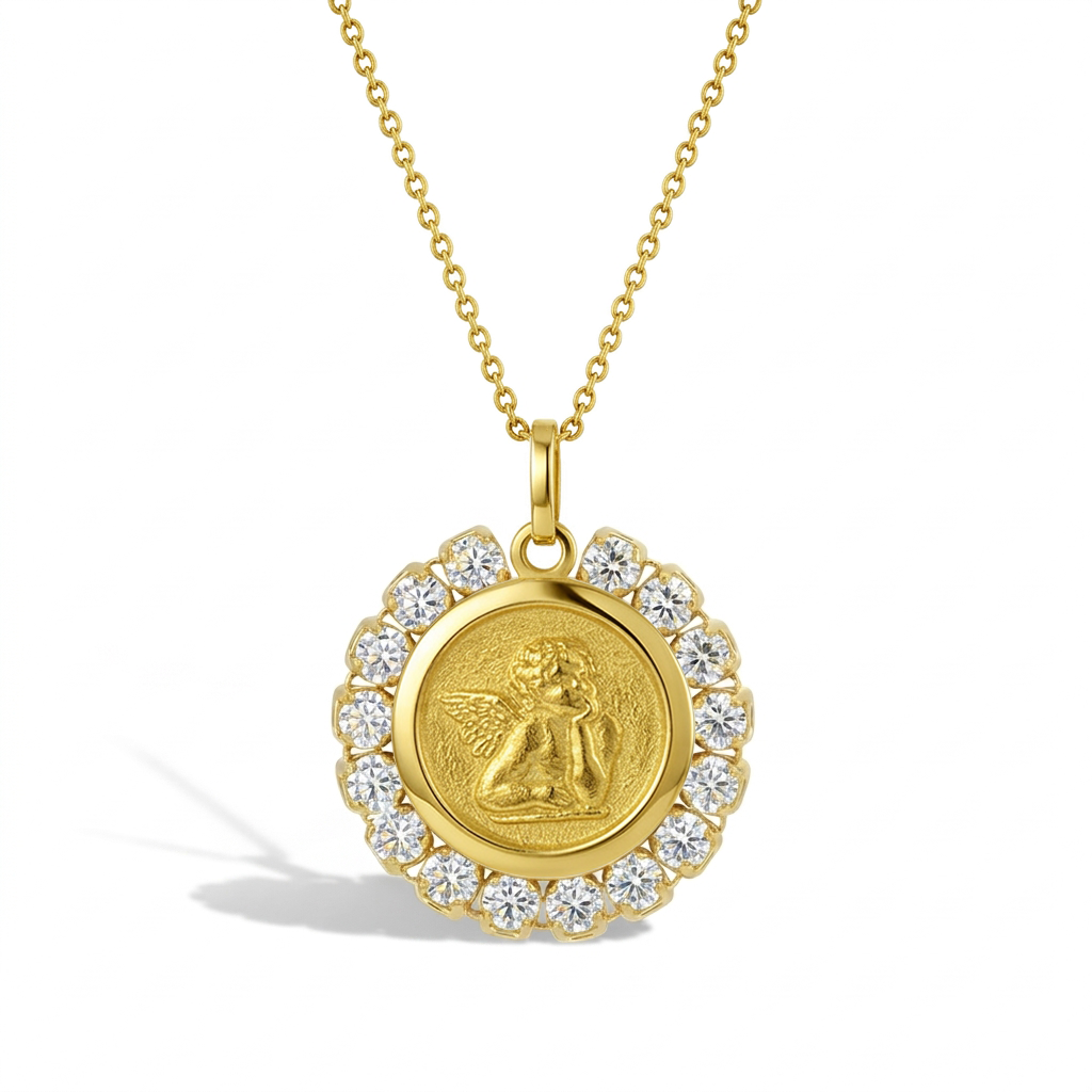 14k Gold Guardian Angel Medal Clear CZ Baby / Toddler / Kids Pendant