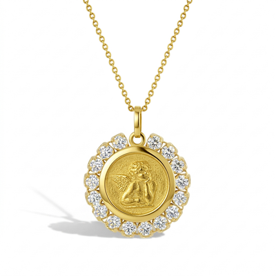 14k Gold Guardian Angel Medal Clear CZ Baby / Toddler / Kids Pendant