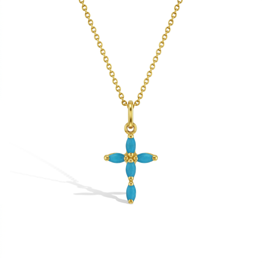 14k Gold Multi-Stone Cross Turquoise Kids / Children's / Girls Pendant