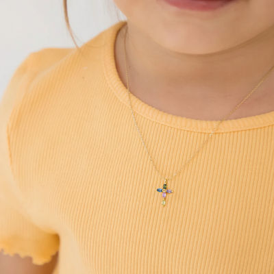 14k Gold Multi-Stone Cross CZ Kids / Children's / Girls Pendant