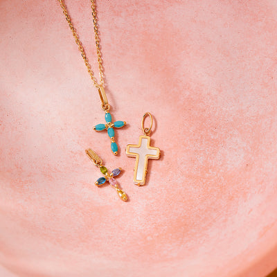14k Gold Multi-Stone Cross Turquoise Kids / Children's / Girls Pendant