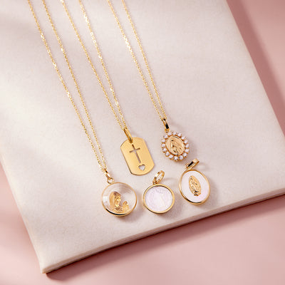 14k Gold Our Lady of Guadalupe Mother of Pearl Baby / Toddler / Kids Pendant/Necklace