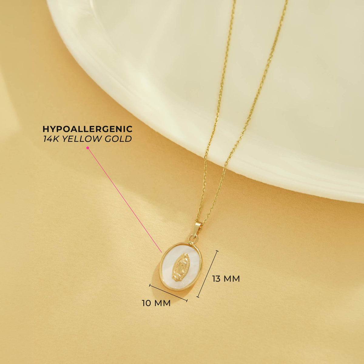 14k Gold Our Lady of Guadalupe Mother of Pearl Baby / Toddler / Kids Pendant/Necklace