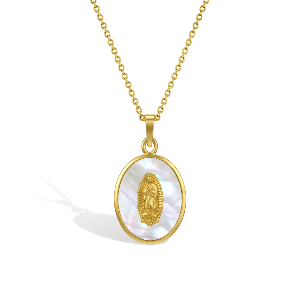 14k Gold Our Lady of Guadalupe Mother of Pearl Baby / Toddler / Kids Pendant