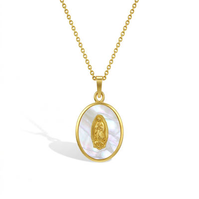 14k Gold Our Lady of Guadalupe Mother of Pearl Baby / Toddler / Kids Pendant