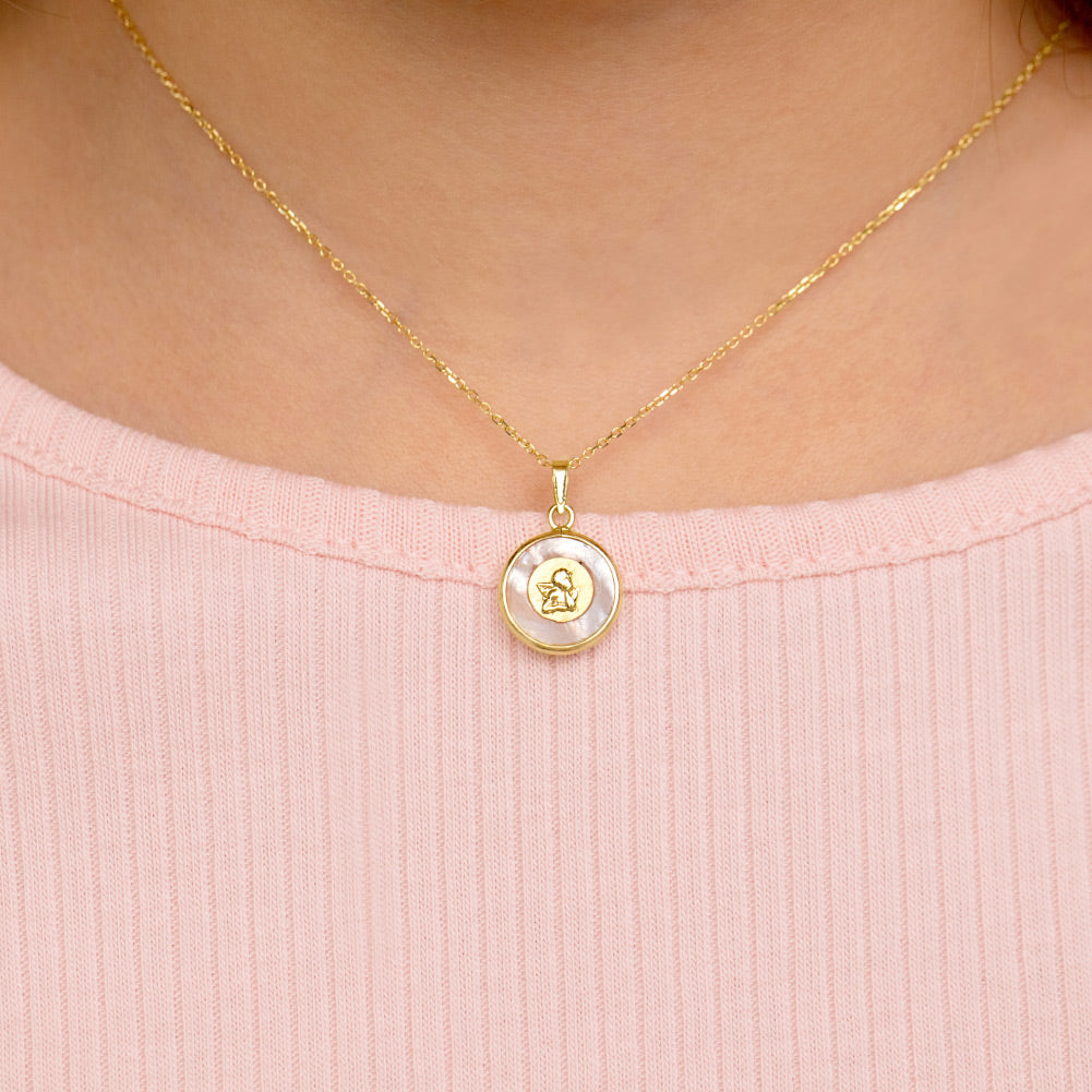 14k Gold Guardian Angel Medal Mother of Pearl Baby / Toddler / Kids Pendant/Necklace