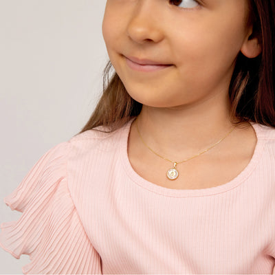 14k Gold Guardian Angel Medal Mother of Pearl Baby / Toddler / Kids Pendant/Necklace