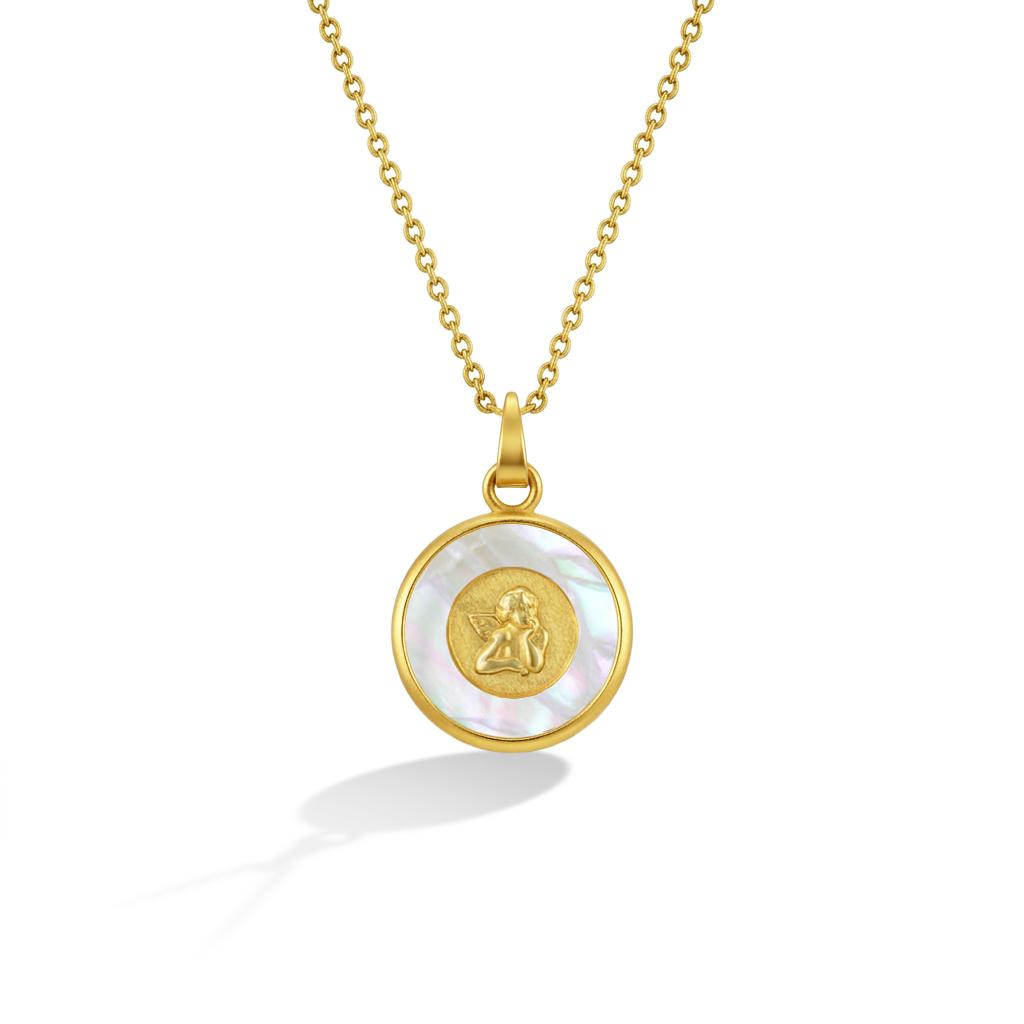 14k Gold Guardian Angel Medal Mother of Pearl Baby / Toddler / Kids Pendant