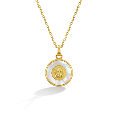 14k Gold Guardian Angel Medal Mother of Pearl Baby / Toddler / Kids Pendant