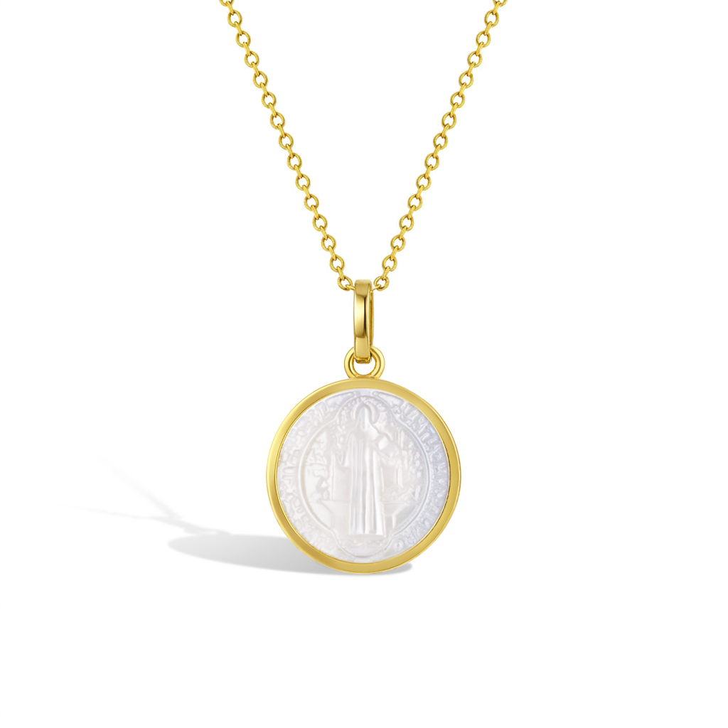 14k Gold St Benedict Mother of Pearl Baby / Toddler / Kids Pendant