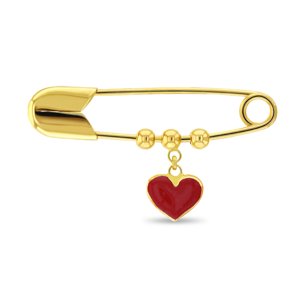 14k Gold Red Heart Charm Baby / Toddler / Kids Safety Pin Brooch Enamel